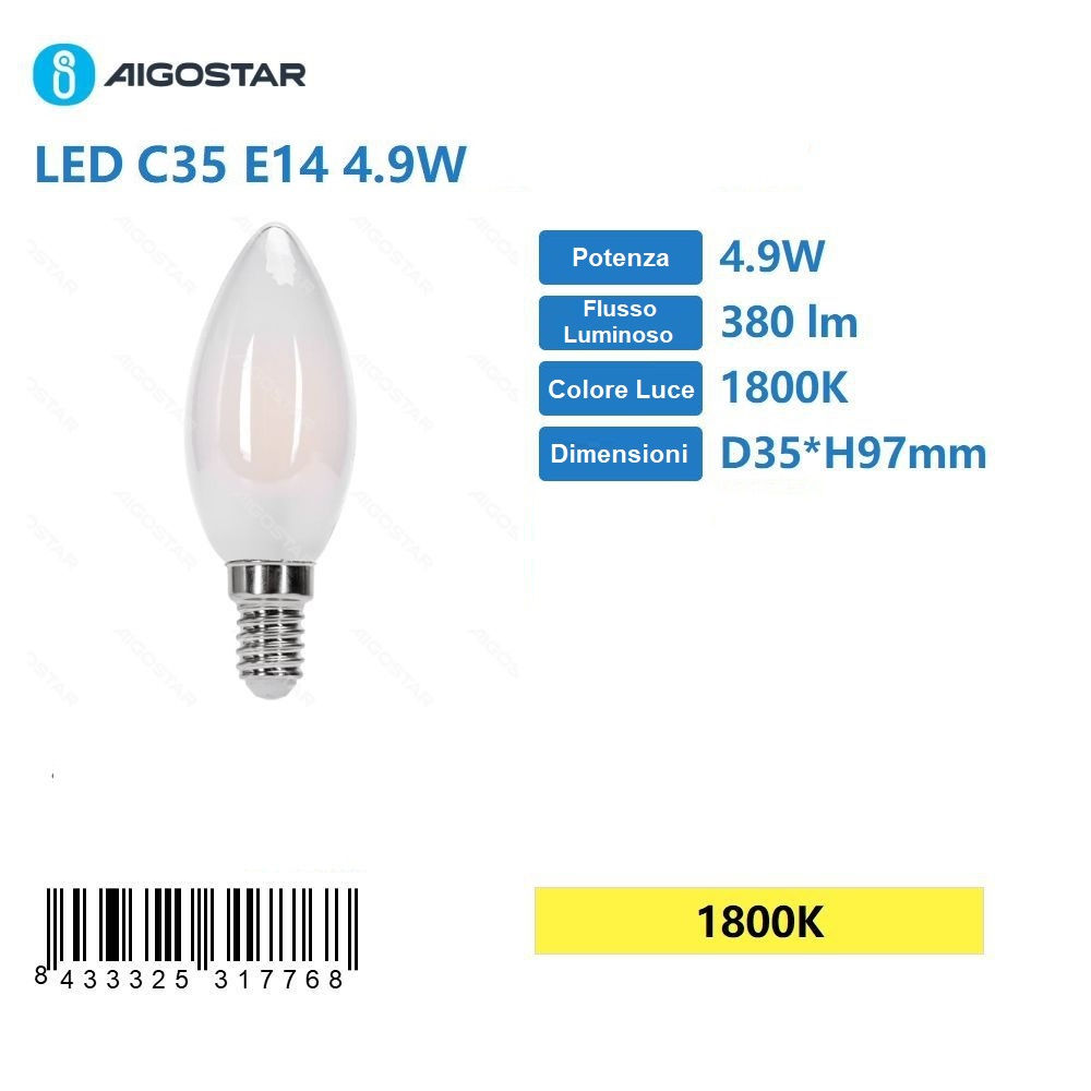 LAMPADINA LED SATINATA C35 E14 4.9W - LUCE CALDA 1800KAigostar