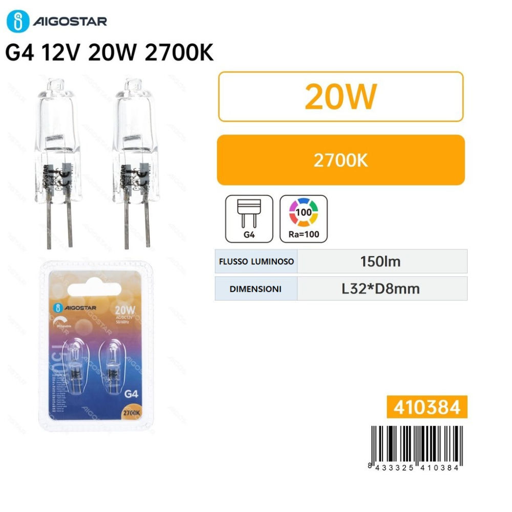 Lampadina Alogena G4 20W - Luce Calda 150ml - 2pzAigostar