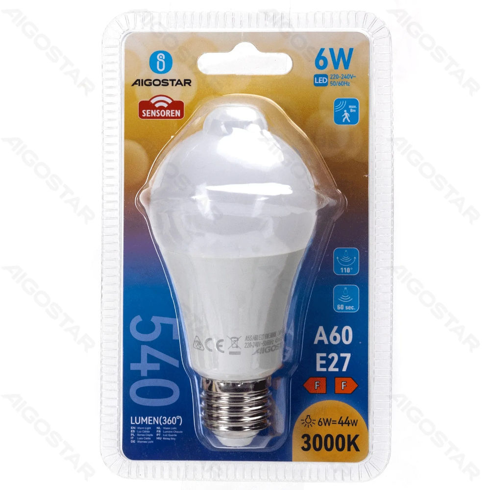LAMPADINA LED  A60 CON SENSORE E27 6W - LUCE CALDAAigostar