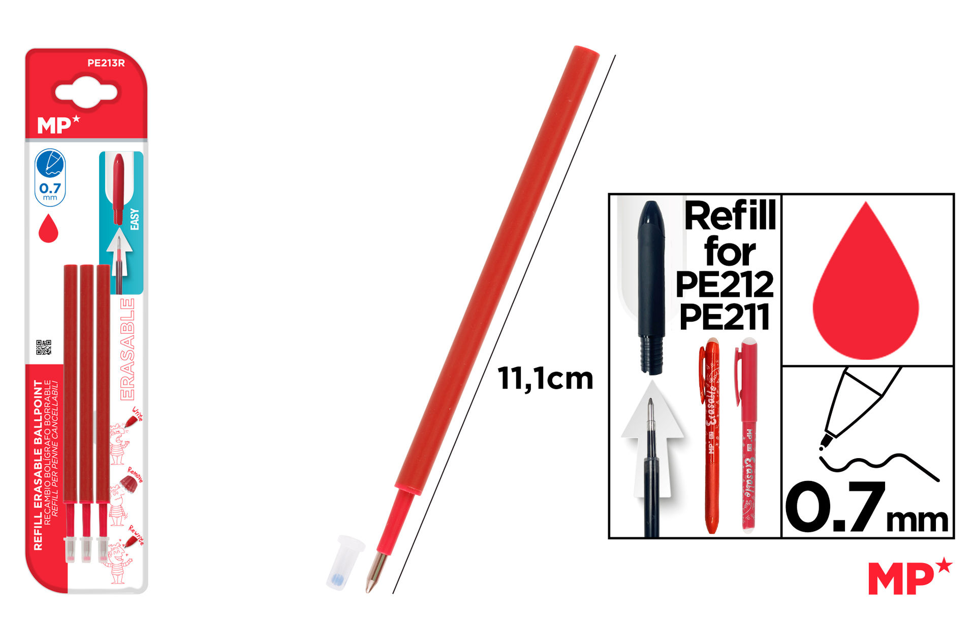 MP RICARICA PER PENNA CANCELLABILE 0.7MM 3PZ ROSSOMp