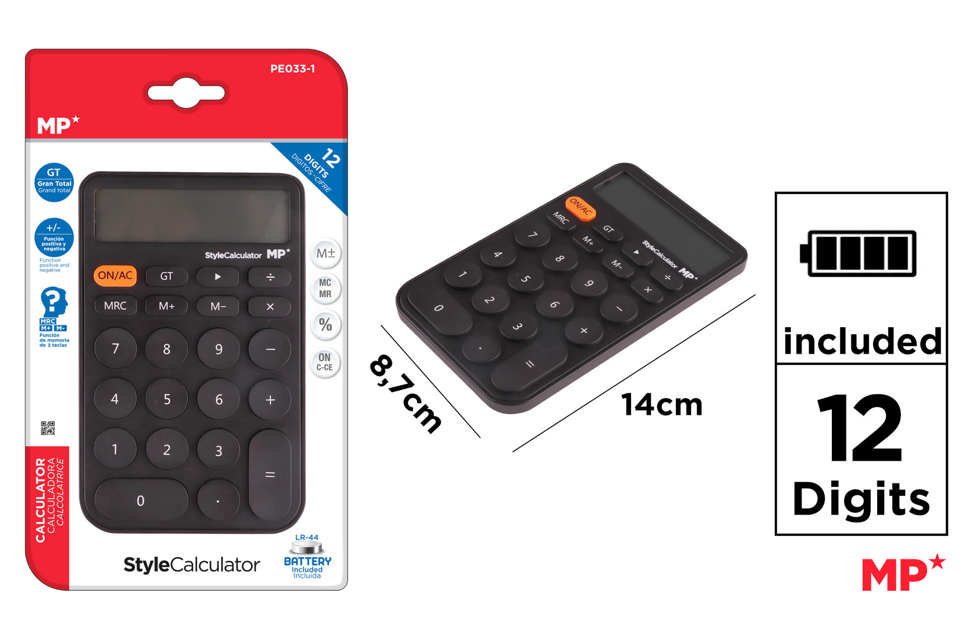 MP CALCOLATRICE DA TAVOLO 12 CIFRE A BATTERIA 14*8Mp