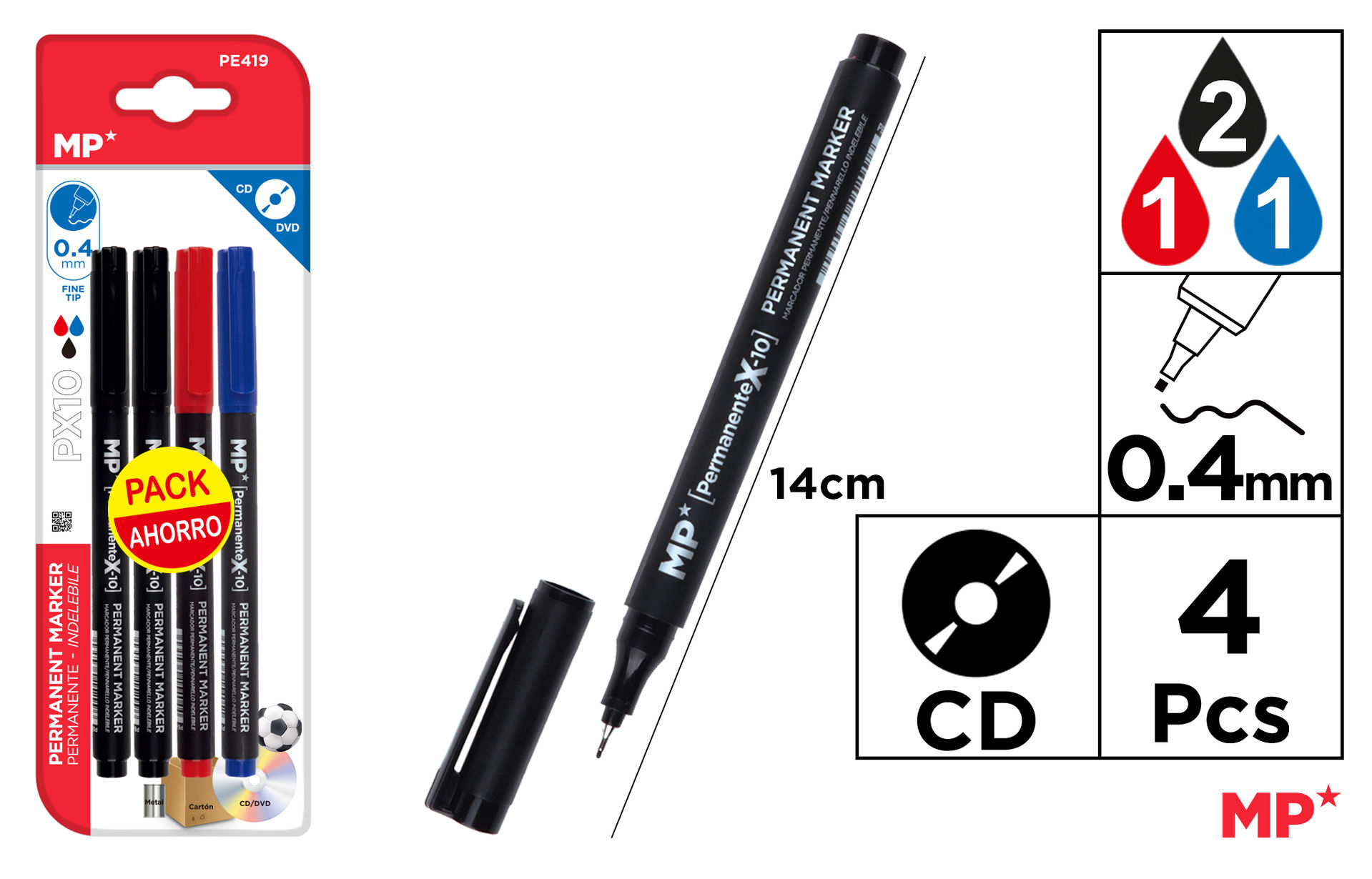 MP MARCATORE CD/DVD PUNTA FINE 0.4MM 4PZ 2*N/B/RMp