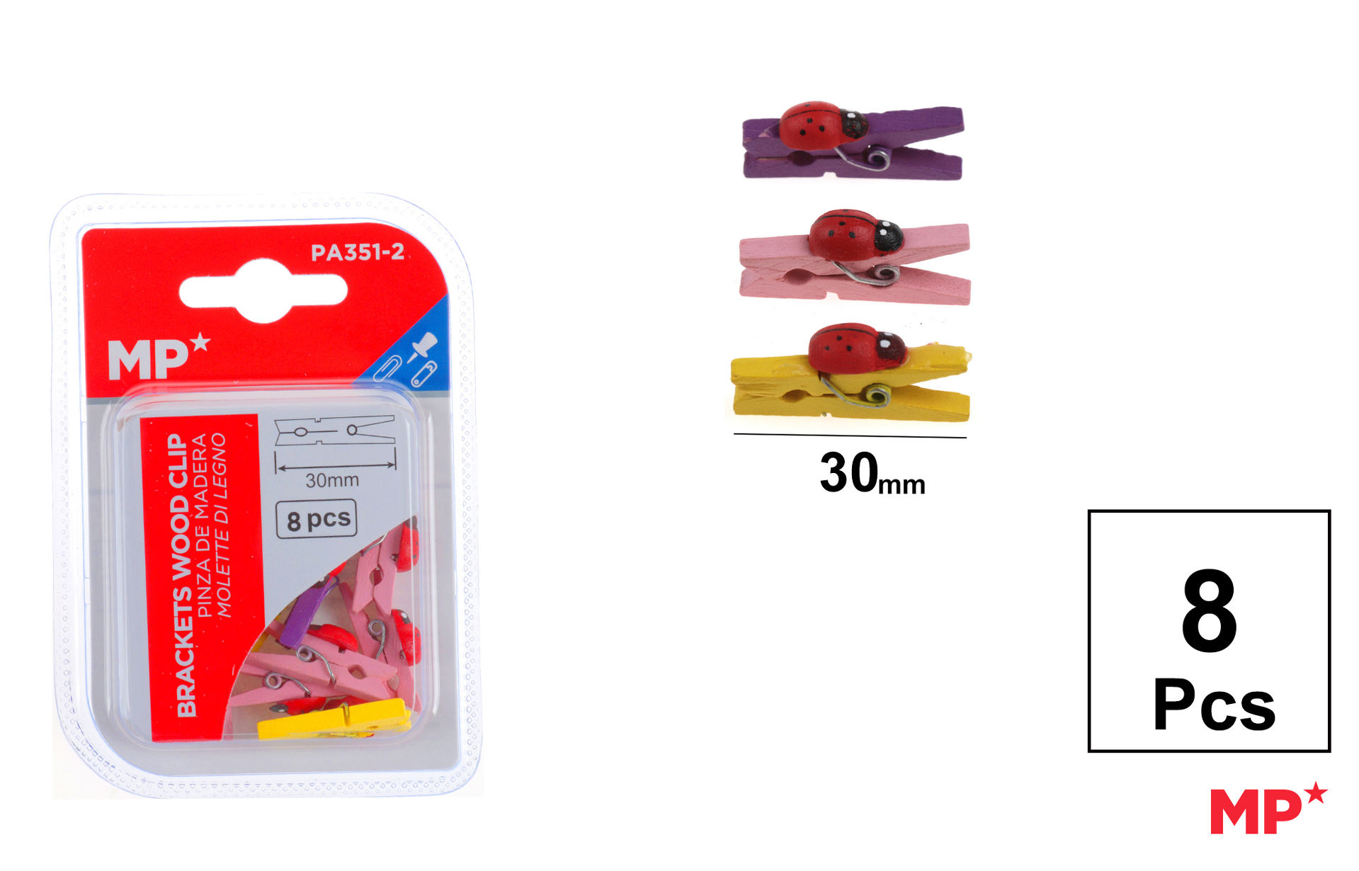 MOLLETTE IN LEGNO COLORATE CON COCCINELLE 8PZ MPMp