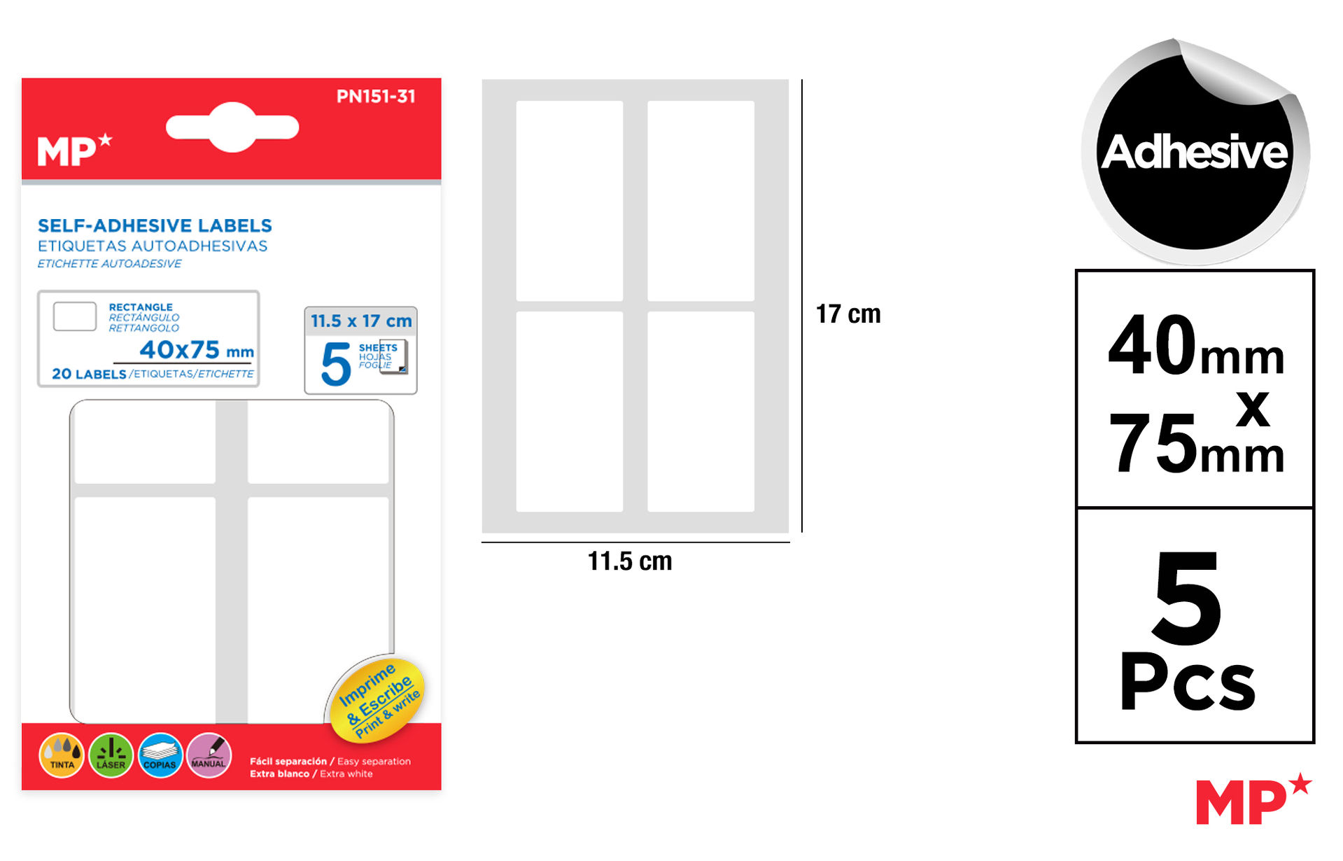 MP ETICHETTE ADESIVE STAMPABILI 75*40MM 20PZ BIANCMp