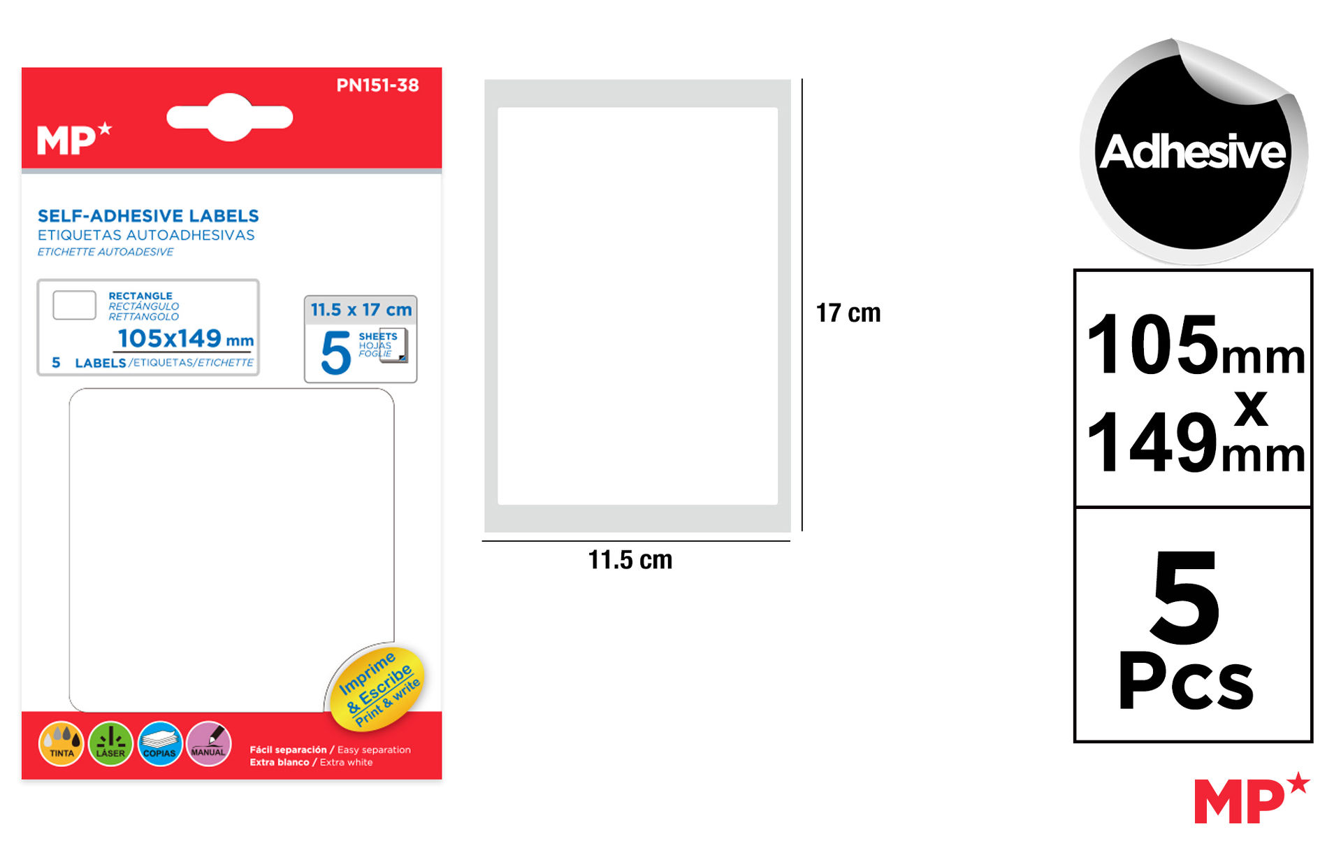 MP ETICHETTE ADESIVE STAMPABILI 149*105MM 5PZ BIANMp