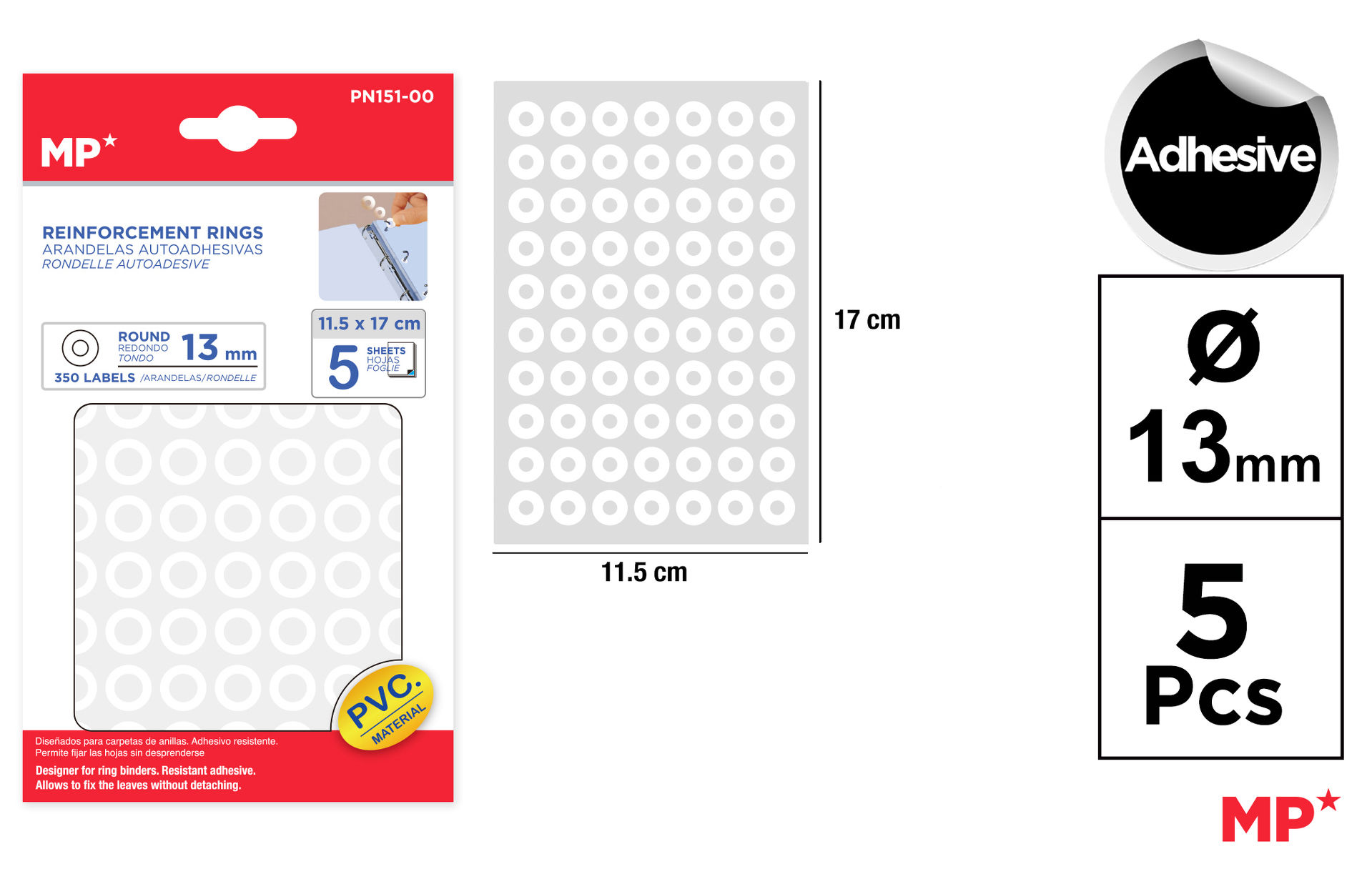MP ANELLI RINFORZANTI ADESIVI 13MM PER FOGLI FORATMp