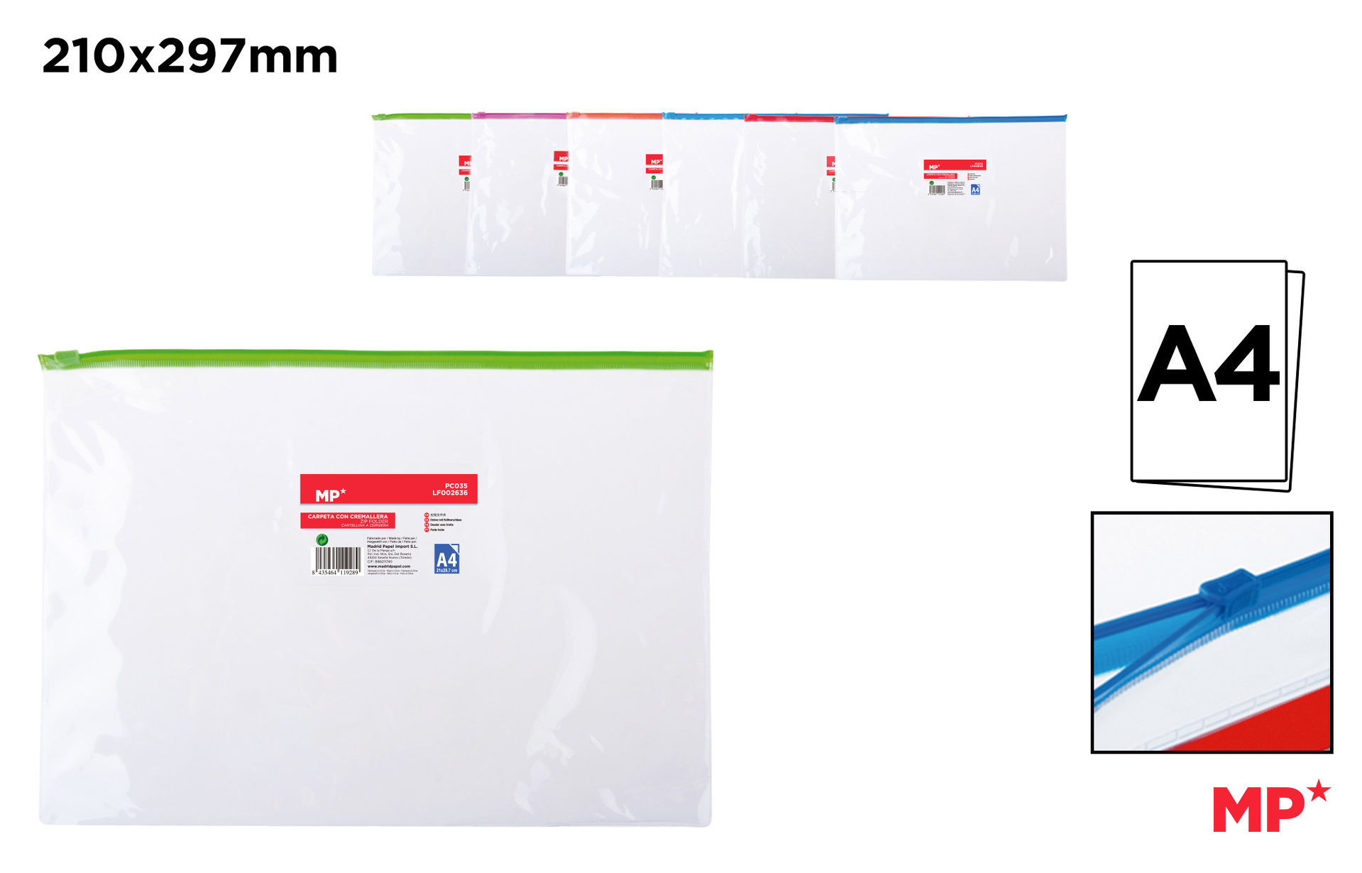 MP BUSTA TRASPARENTE CHIUSURA ZIP COLORATA A4 COL.Mp