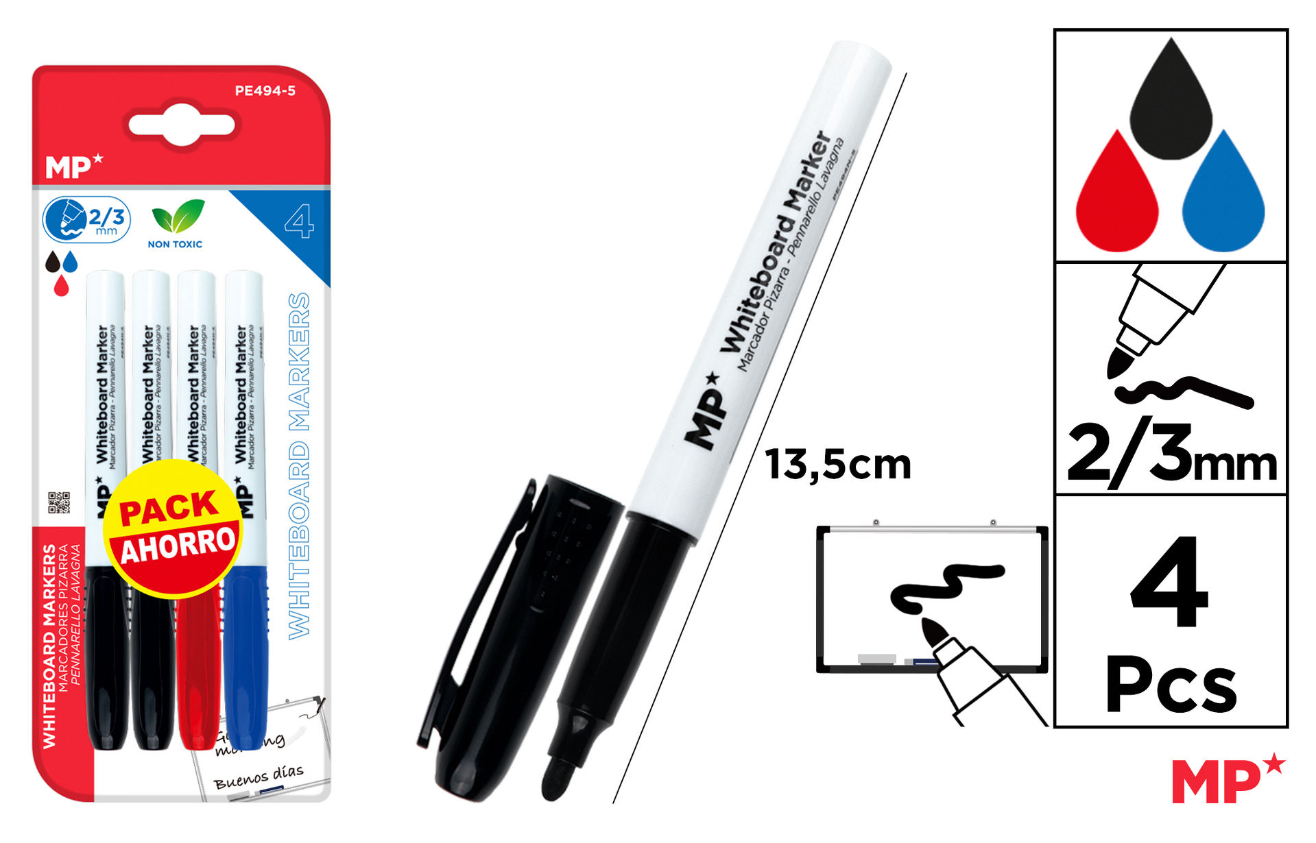 MP PENNARELLO LAVAGNA PUNTA TONDA 2/3MM 4PZ 2N/B/RMp
