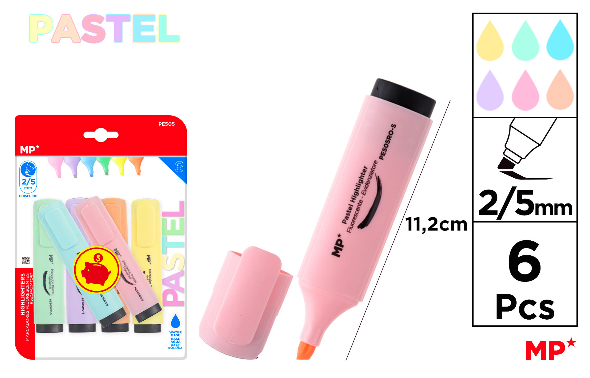 MP EVIDENZIATORE 2-5MM 6PZ COL. ASS. PASTELLOMp