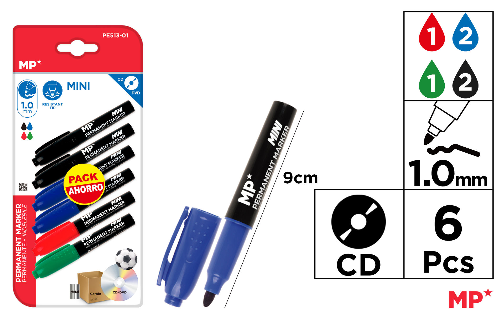 MP MINI MARCATORE PERM CD/DVD 1.0MM 6PZ 2*N/V/R/BMp