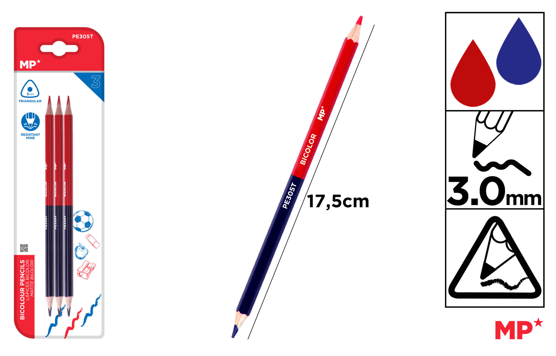 MP MATITA DOPPIA PUNTA TRIANG 3.0MM BLU ROSSO 3PZMp