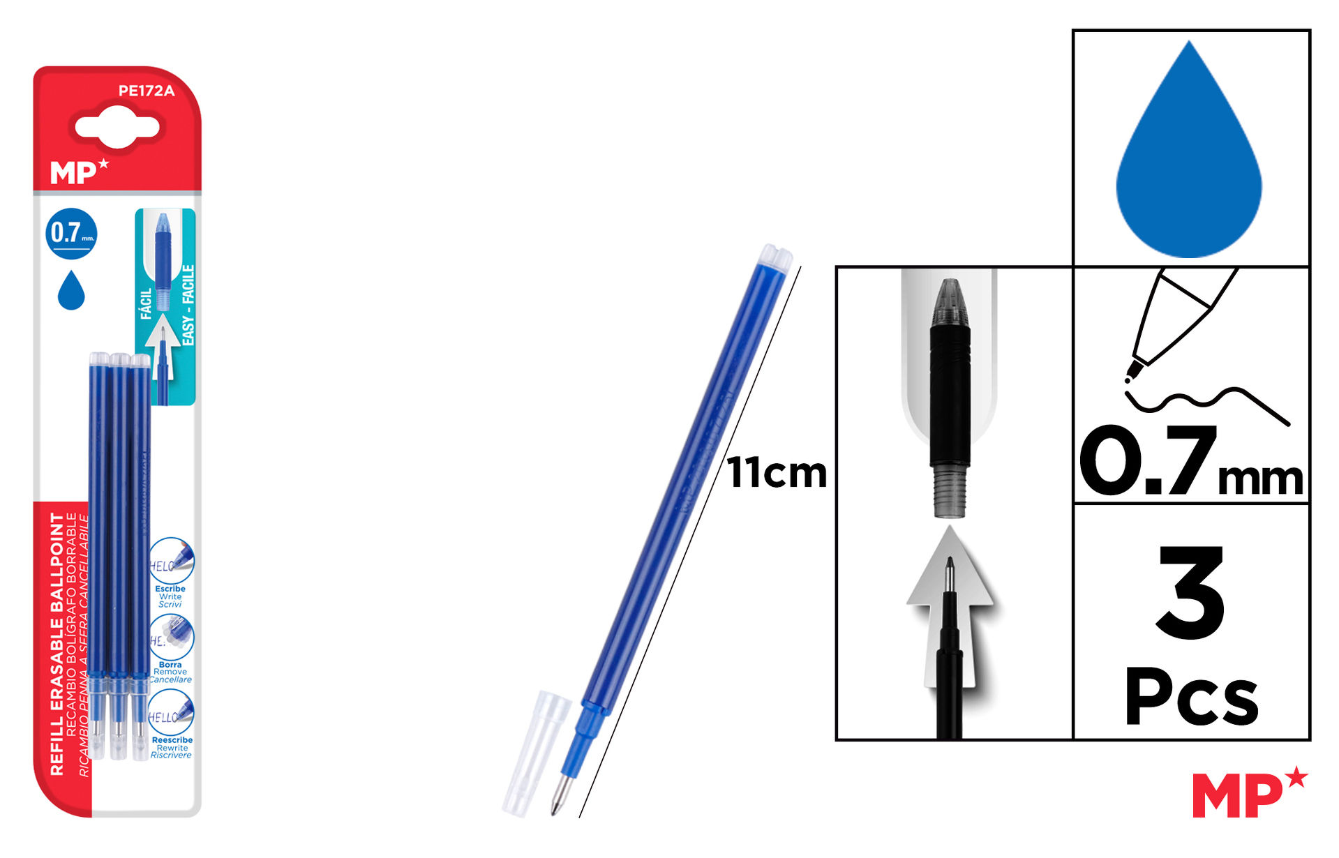 MP RICARICA PENNA CANCELLABILE 0.7MM 3PZ BLUMp