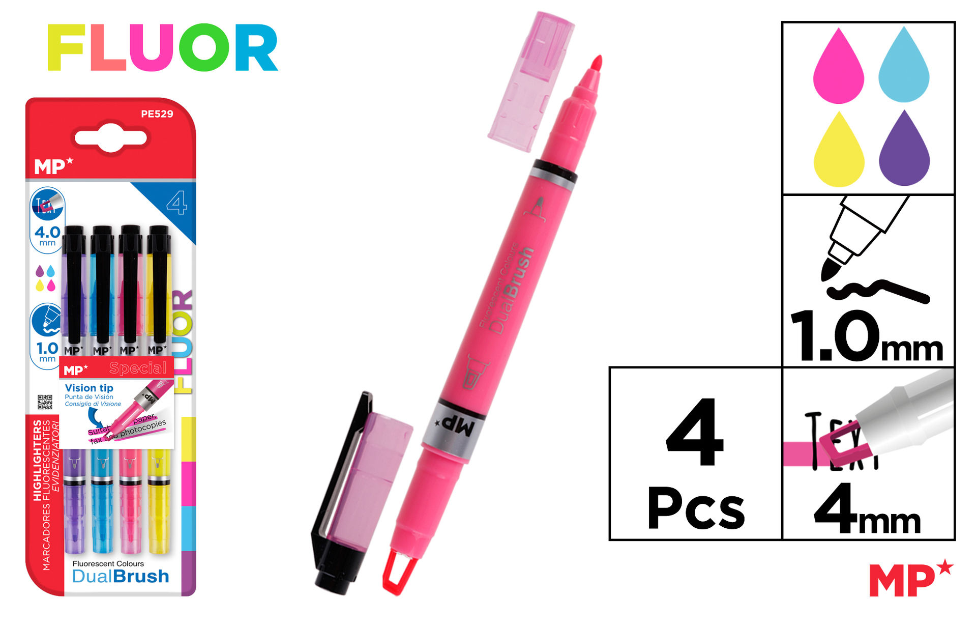 MP EVIDENZIATORE DOPPIA PUNTA 4PZ COL. ASS. FLUOMp
