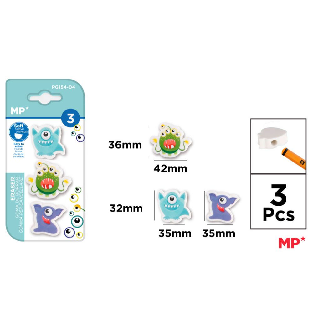 MP GOMMA DA CANCELLARE CON FORO MATITA 3PZ MOSTRIMp