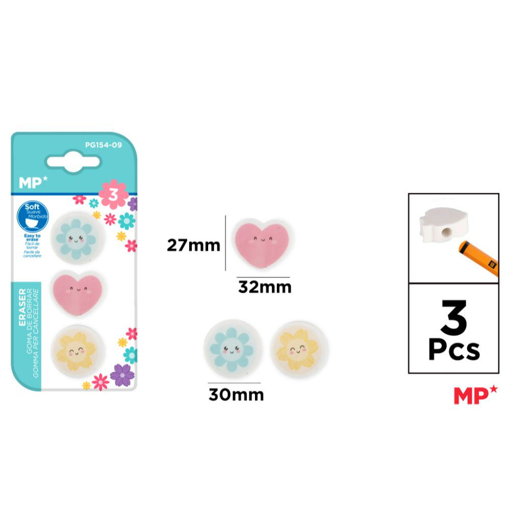 MP GOMMA DA CANCELLARE CON FORO MATITA 3PZ FIORIMp
