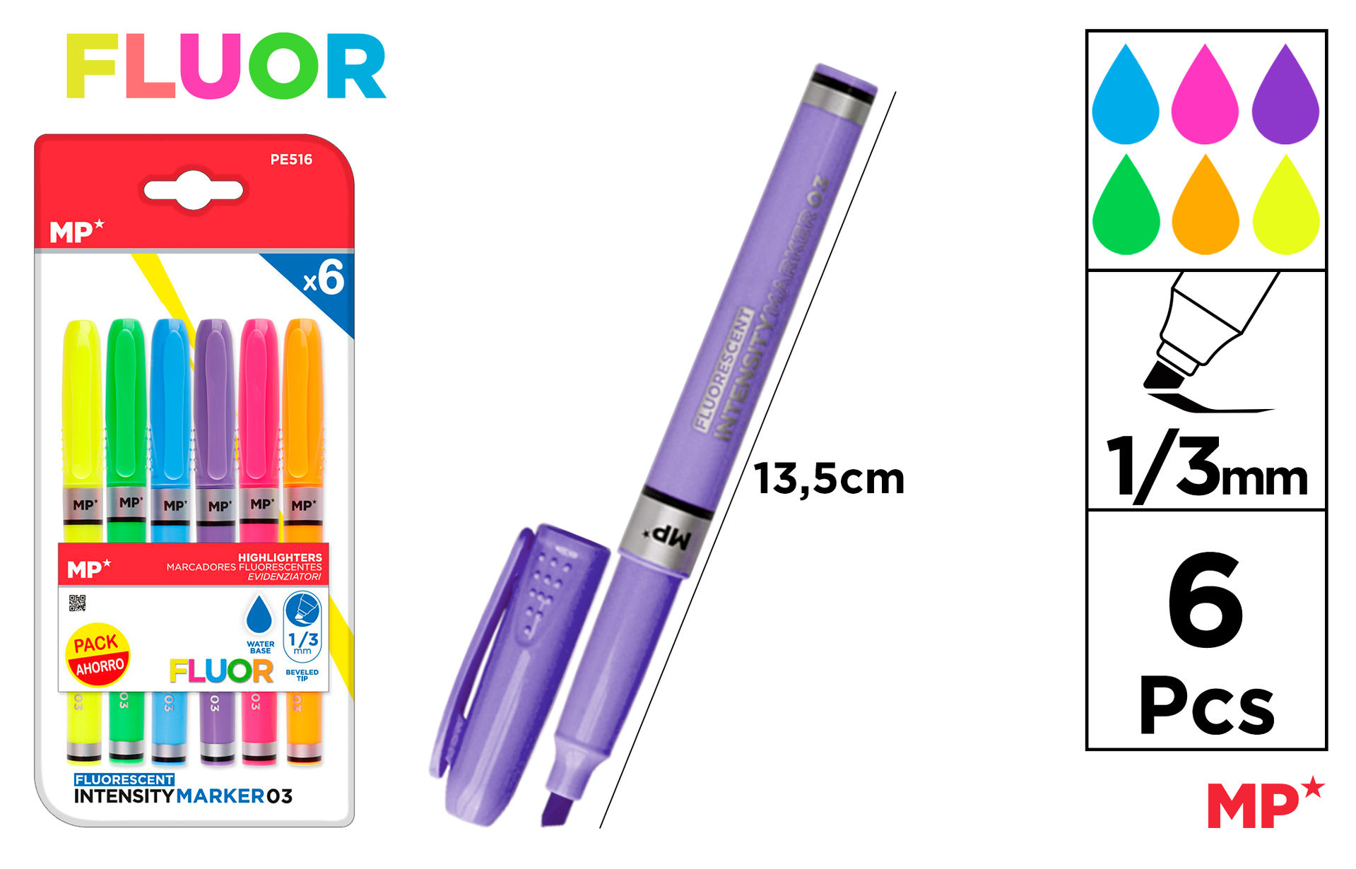 MP EVIDENZIATORI A PENNA 1-3MM 6PZ COL.ASS. FLUOMp