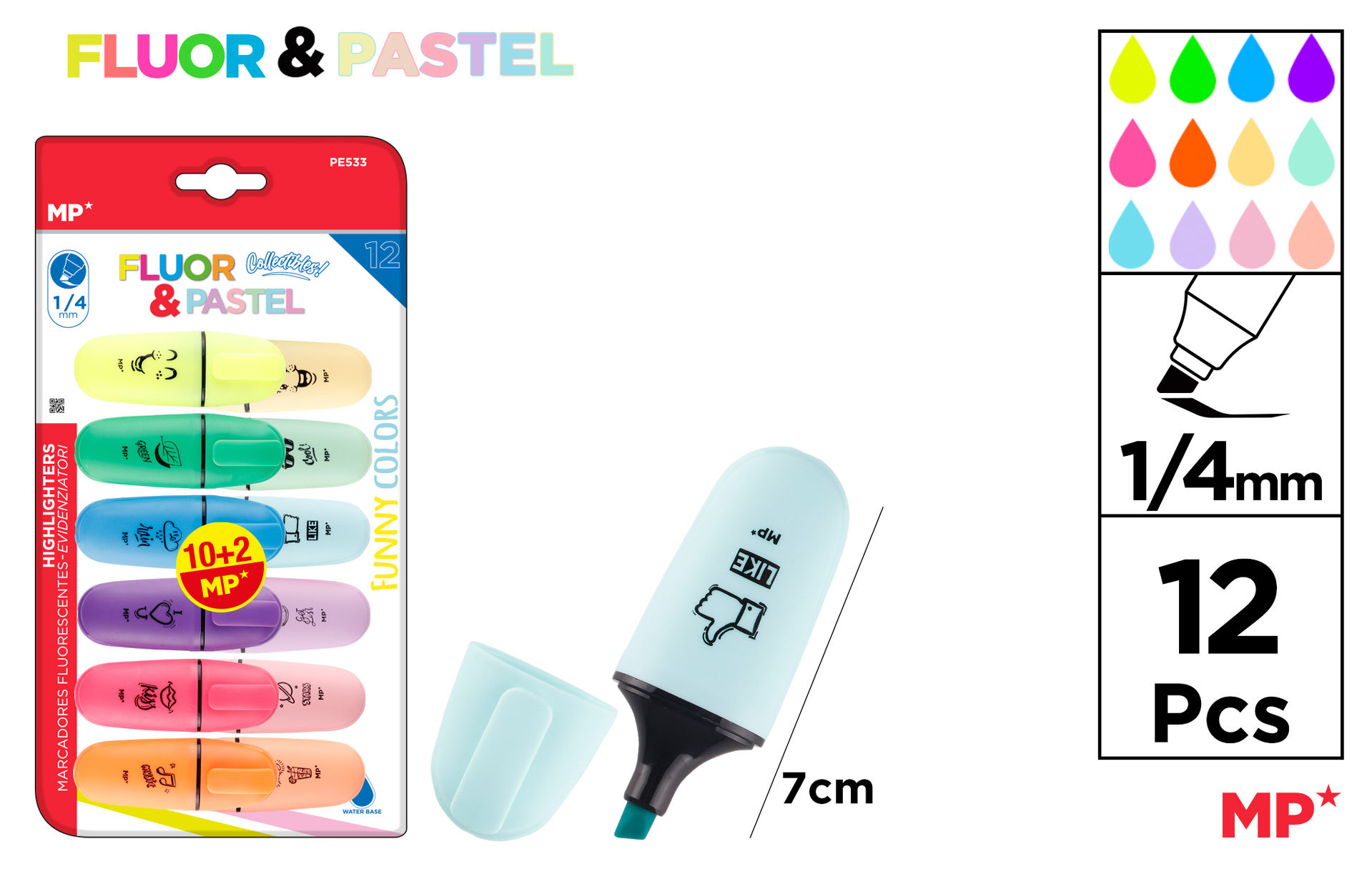 MP MINIEVIDENZIA OVAL 1-4MM 12PZ C.ASS PASTEL FLUOMp