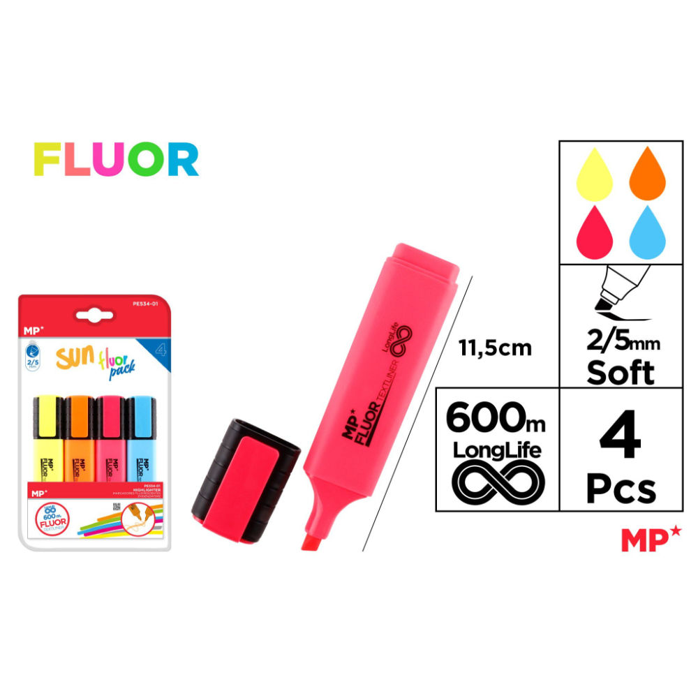 MP EVIDENZIATORE TESSUTI 2-5MM 4PZ COL.ASS. FLUOMp