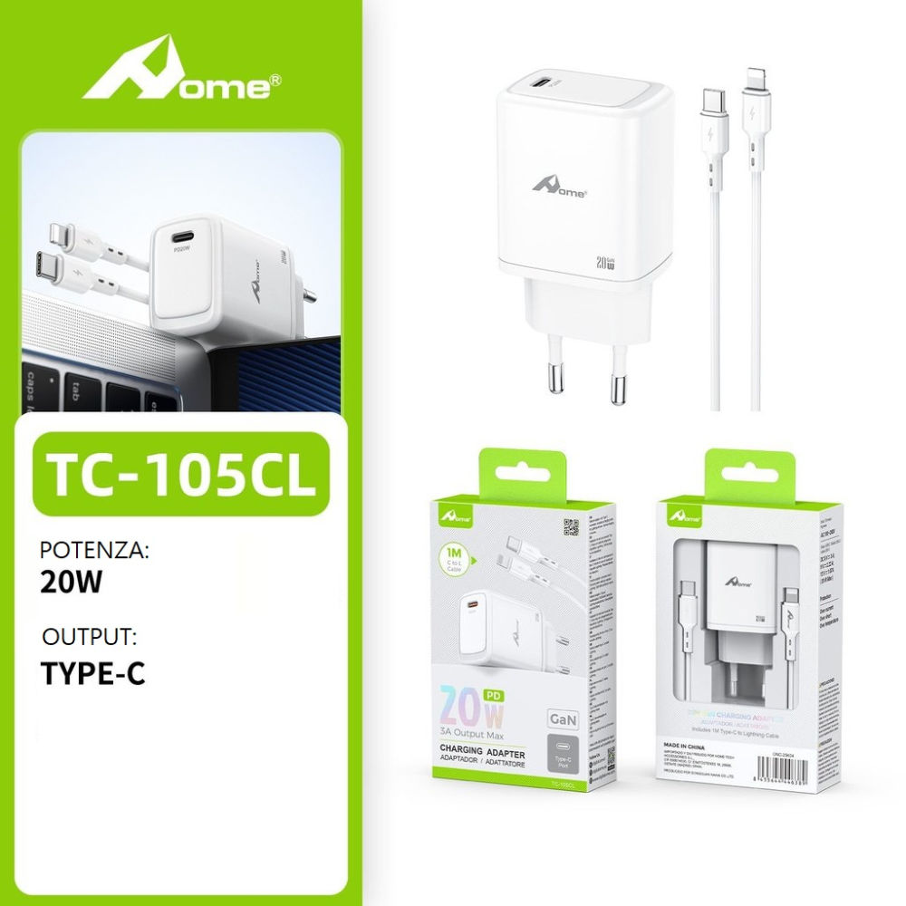 Set Caricatore 20W - 1 Porta USB C + Cavo LightningHome
