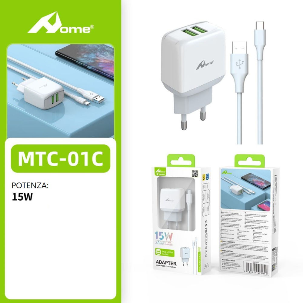 Set Caricatore 15W - 2 Porte USB + Cavo Type CHome