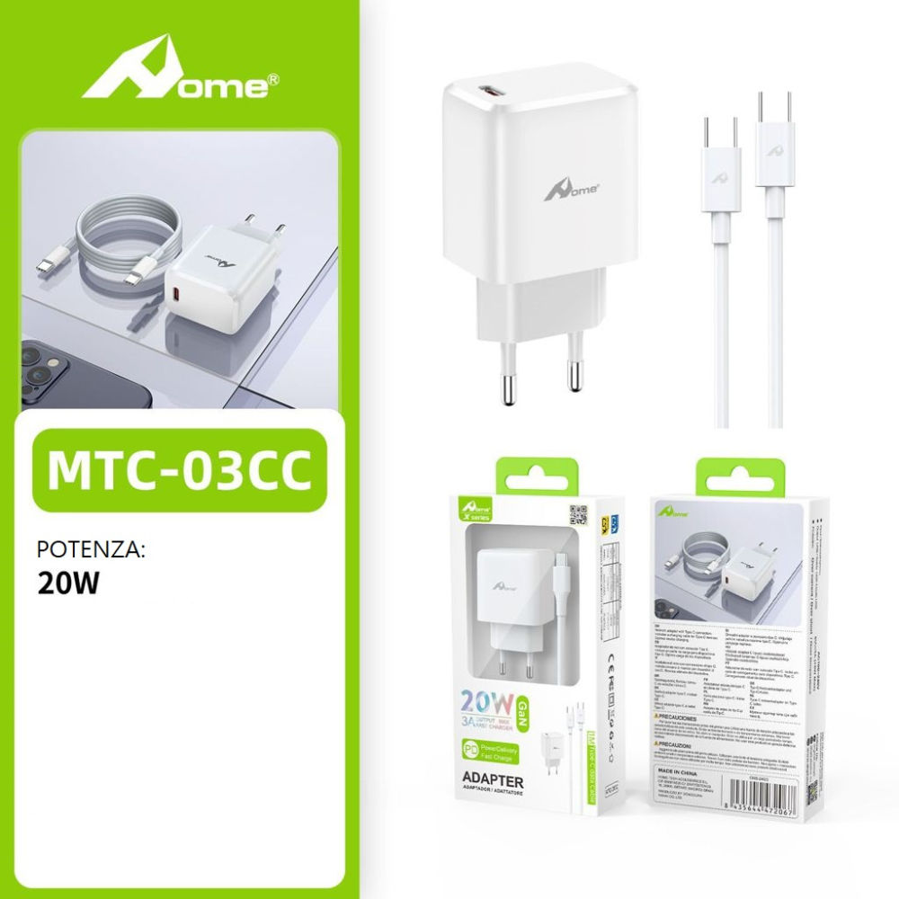 Set Caricatore 20W - 1 Posrta USB C + Cavo Type CHome
