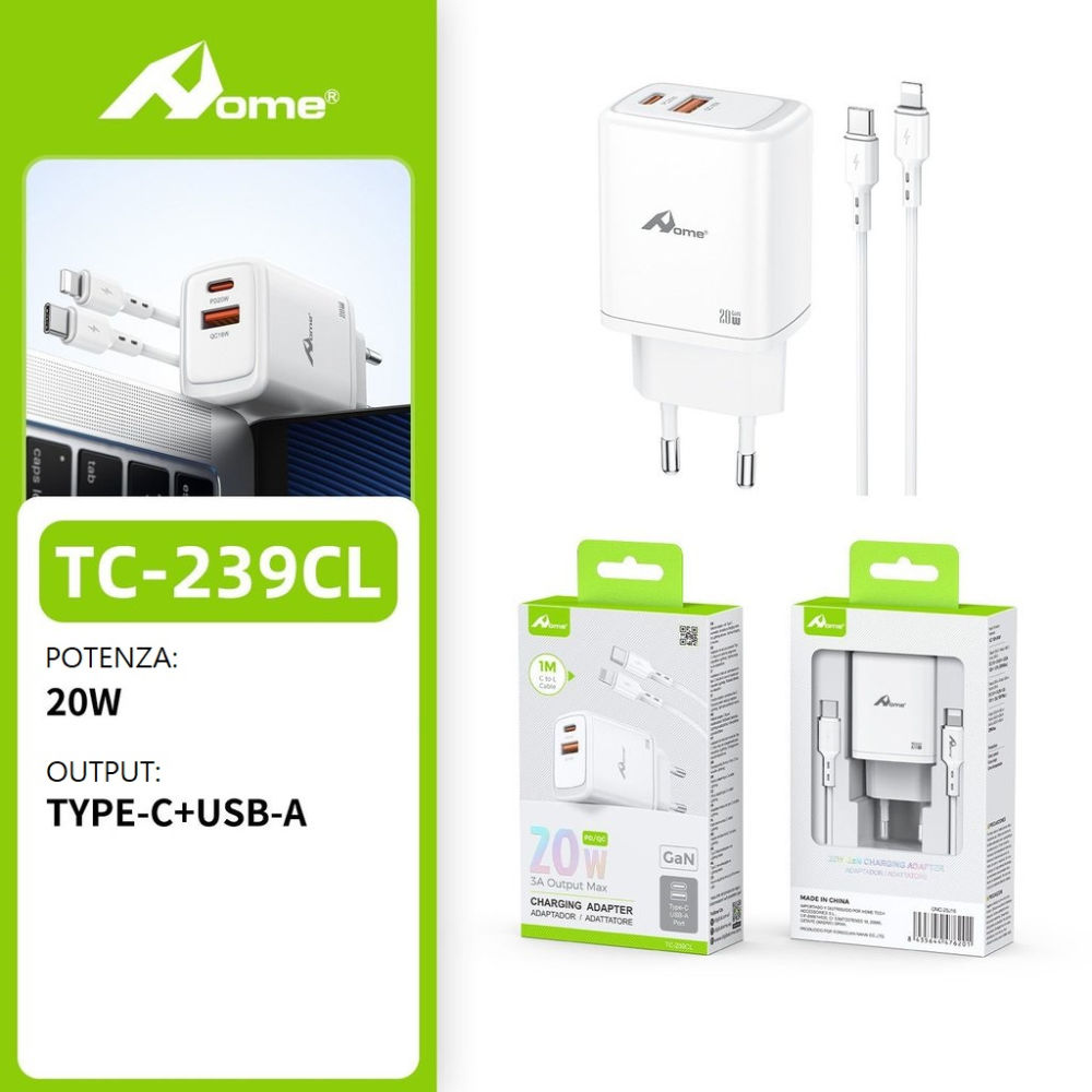 Set Caricatore 20W - 2 Porte USB A/C + Cavo LightningHome