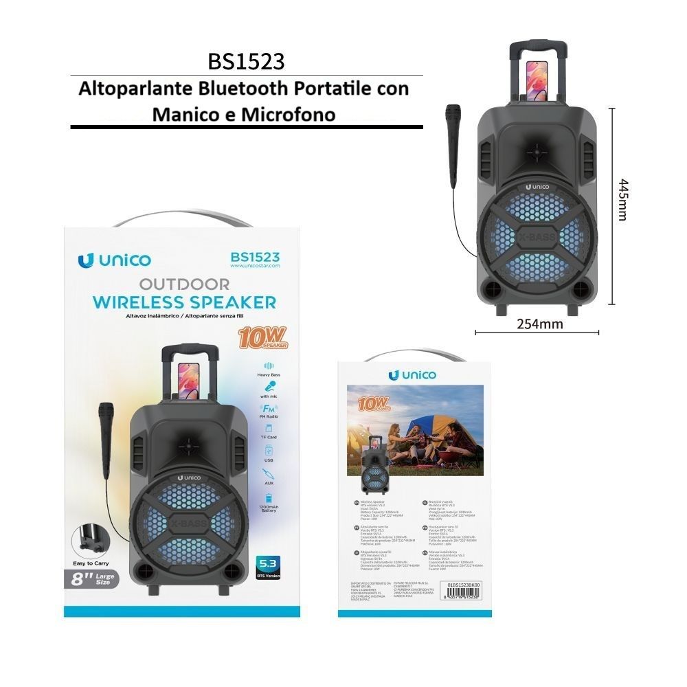 ALTOPARLANTE CON CARRELLO 8'' 10W BS1523 NERO POTENZA PORTATILE PER EVENTIUnico
