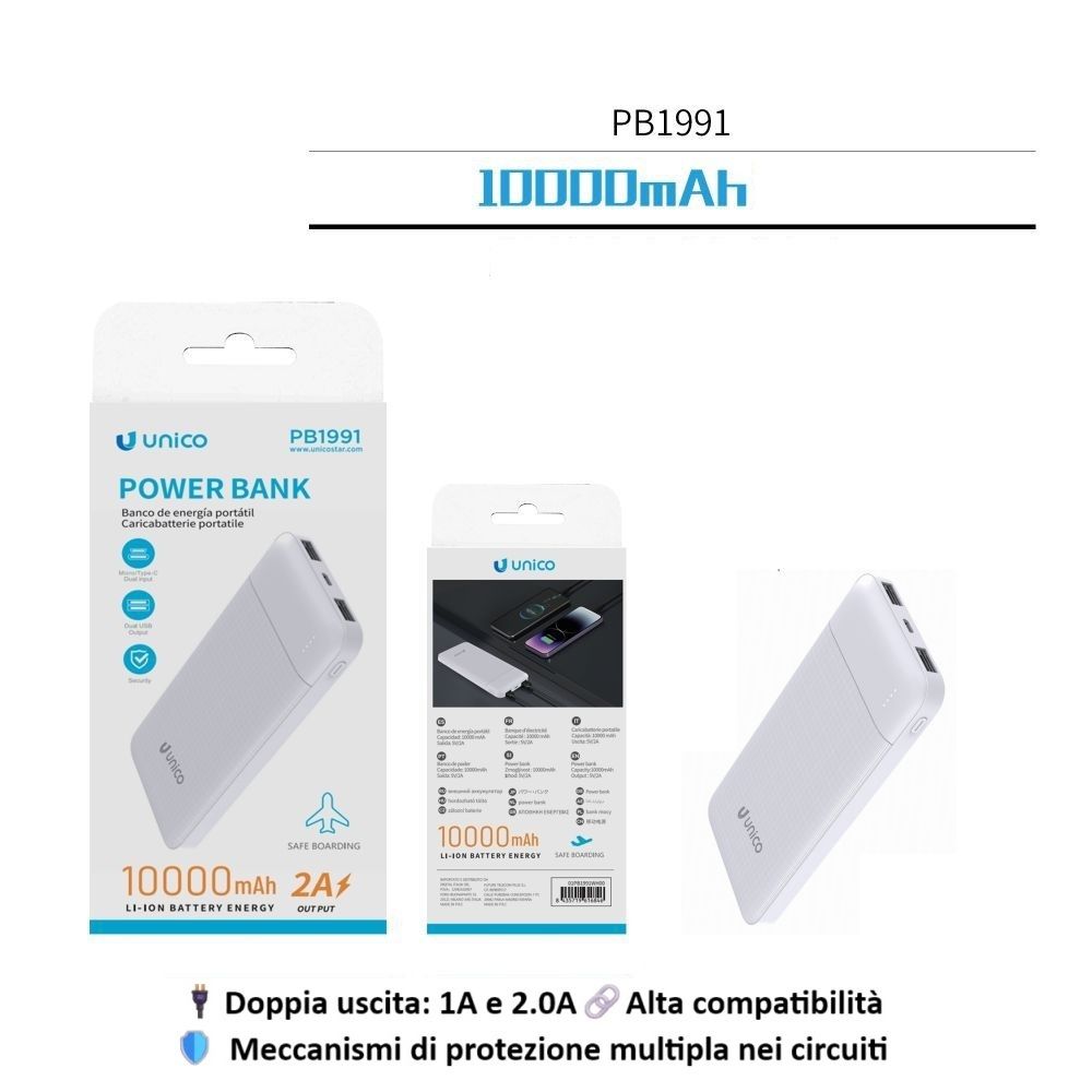 POWER BANK 10000 MAH 10W PB199 MODELLO A STRISCIA LUNGAUnico