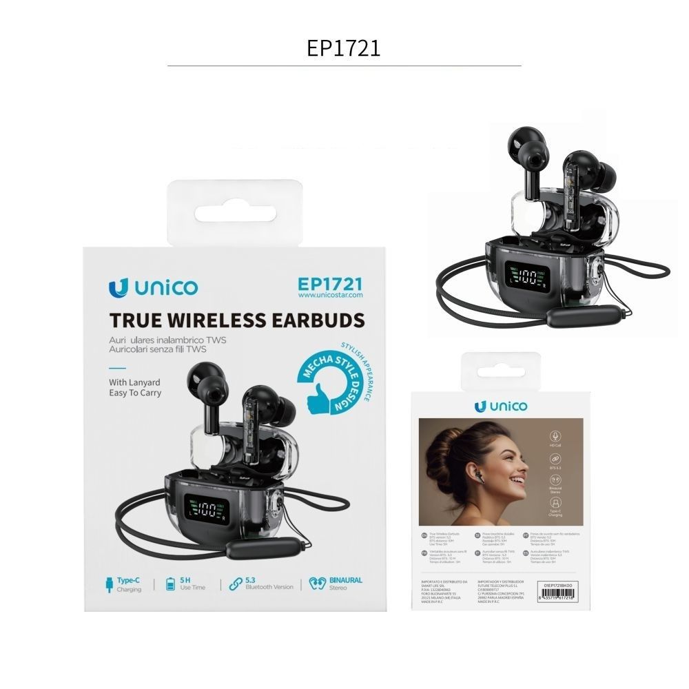 AURICOLARI BLUETOOTH TWS IN-EAR EP1721 NERO SUONO WIRELESS COMPATTOUnico