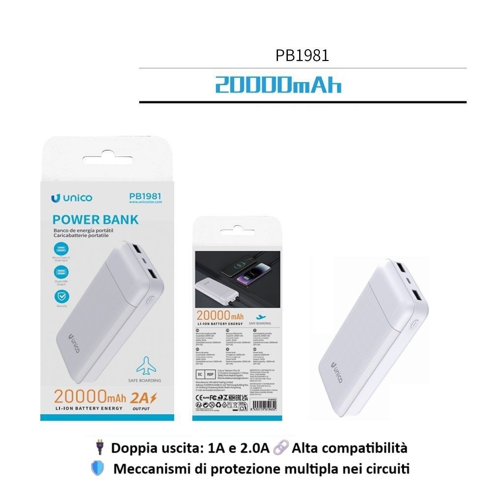 POWER BANK 20000 MAH 10W MODELLO A STRISCIA LUNGA PB1981Unico