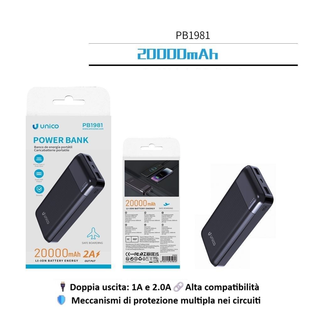 POWER BANK 20000 MAH 10W PB1981 MODELLO A STRISCIA LUNGAUnico