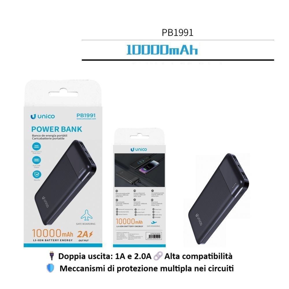POWER BANK 10000 MAH 10W PB199 MODELLO A STRISCIA LUNGAUnico
