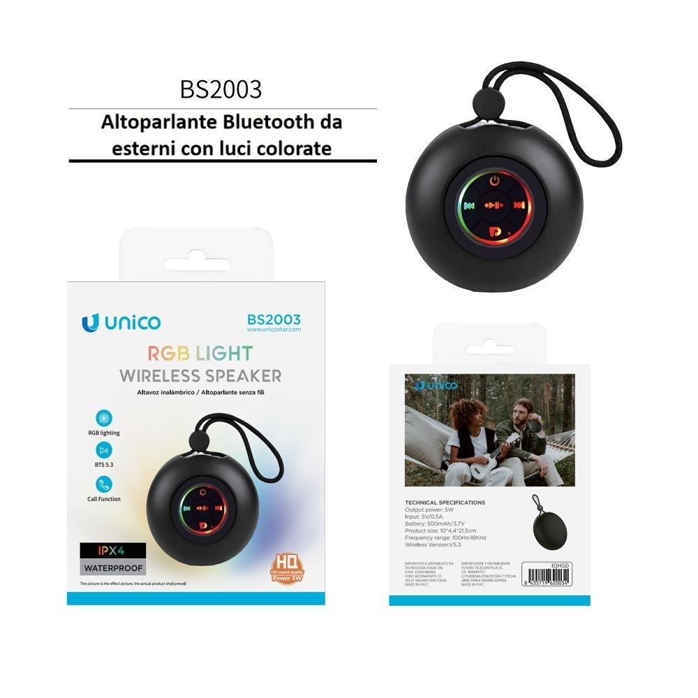 ALTOPARLANTE MULTICOLORE PER ESTERNI 5W BS2003 NERO COMPATTO E RESISTENTEUnico