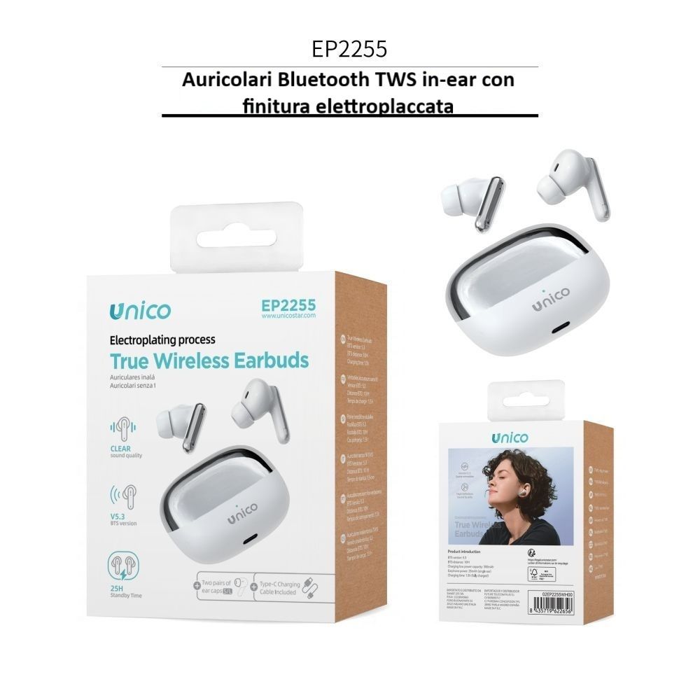 AURICOLARI BLUETOOTH TWS IN-EAR ELETTROPLACCATI SUONO HI-FI E DESIGN PREMIUMUnico