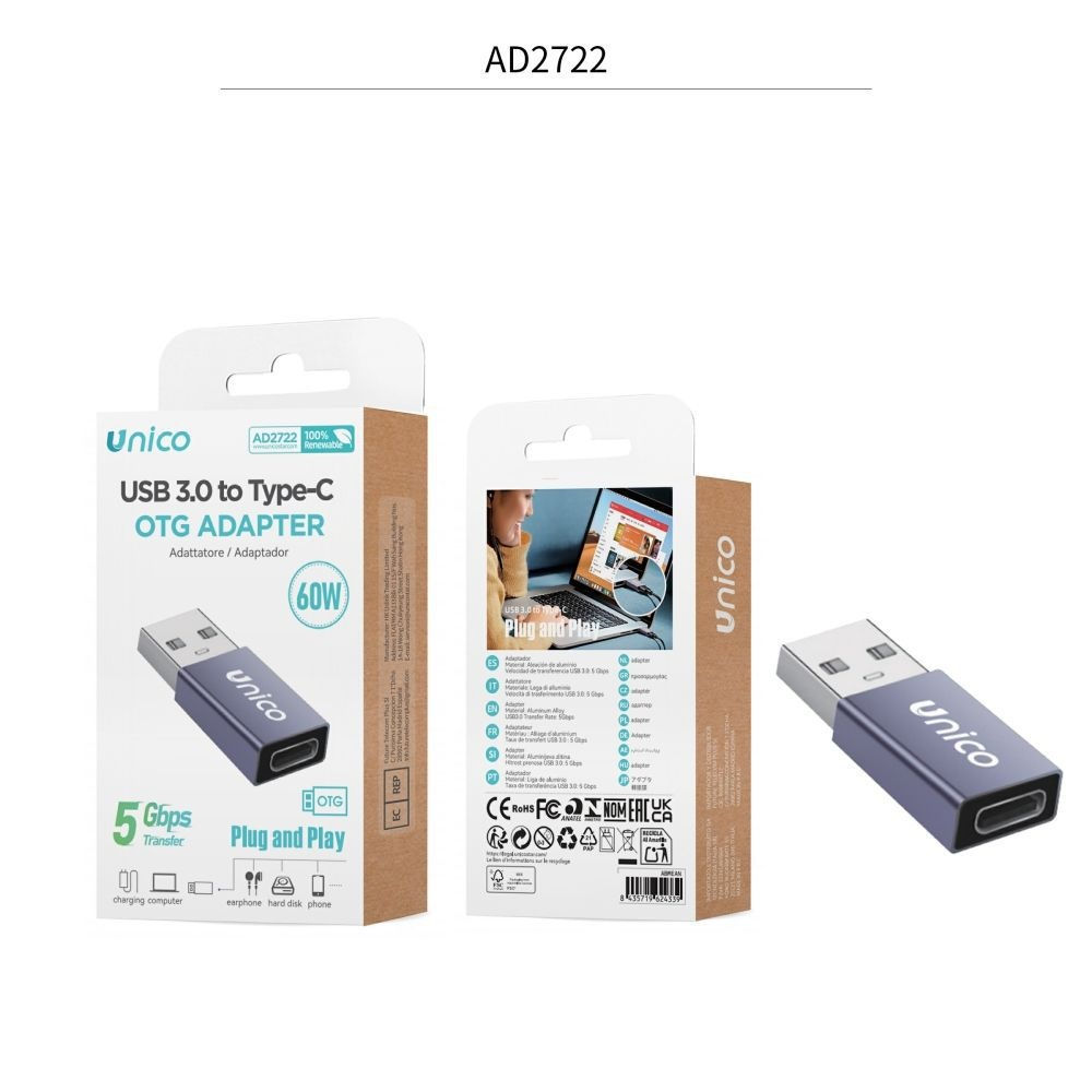 Adattatore OTG USB Maschio/Type-C Femmina - AD2722Unico