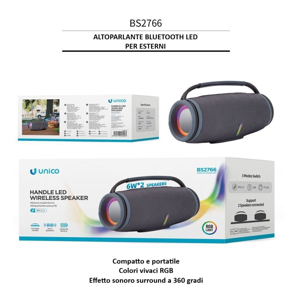 CASSA BLUETOOTH PORTATILE LED 12W BS2766 GRIGIA AUDIO POTENTE E DESIGN LUMINOSOUnico