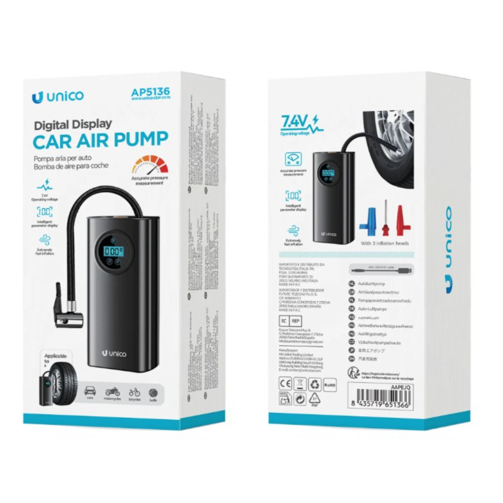 POMPA DIGITALE PER AUTO AP5136 COMPRESSORE PORTATILE ELETTRICO NEROUnico