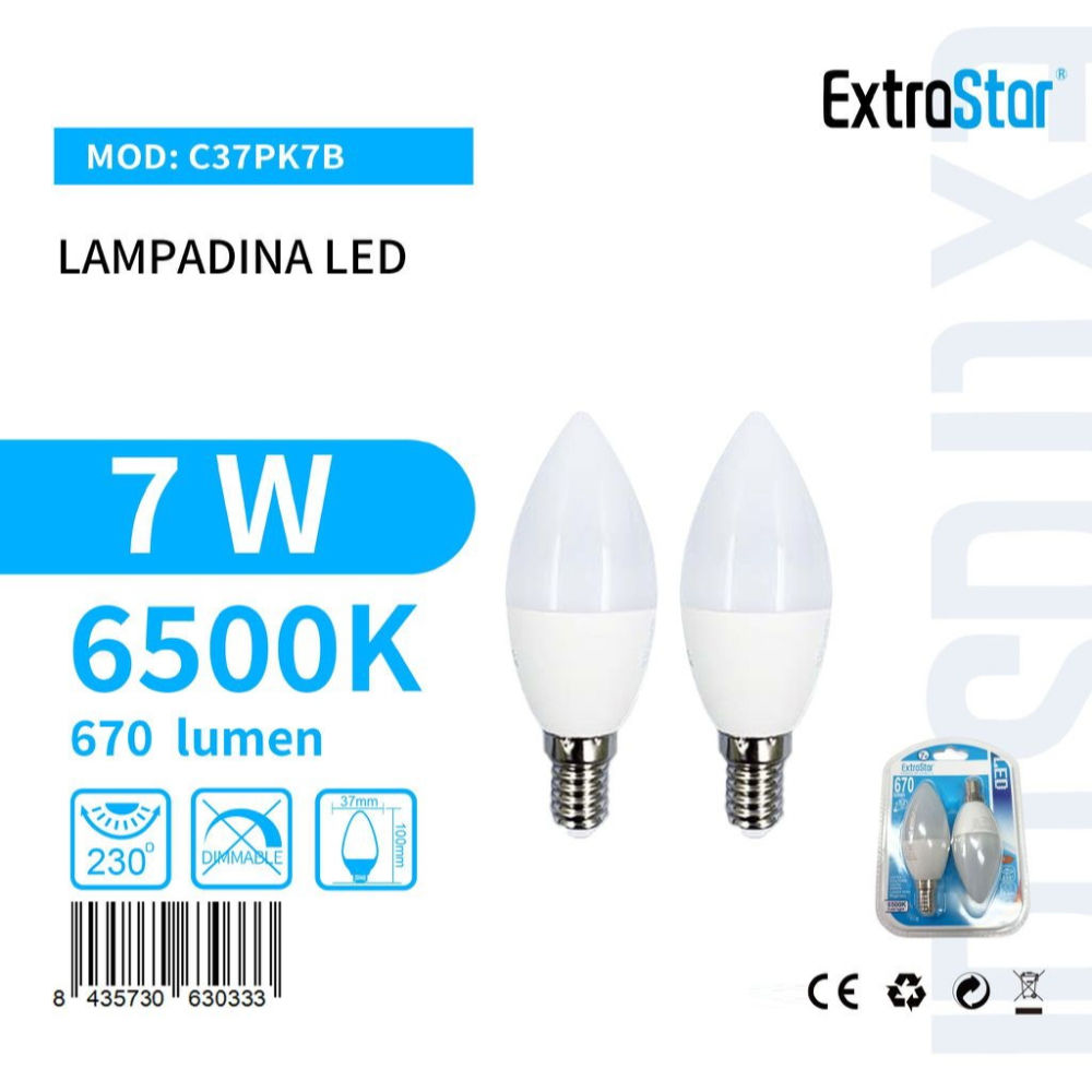 Lampadina LED a Candela E14 7W 670LM - Luce Fredda 6500K - 2pzExtrastar