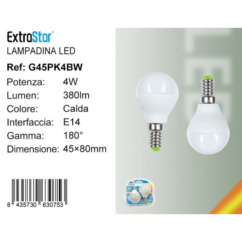 Lampadina LED E14 4W 380LM - Luce Calda 3000K - 2pzExtrastar