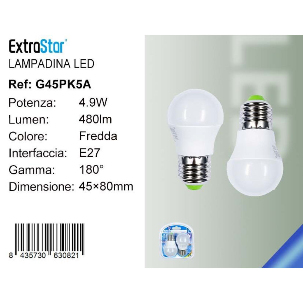 Lampadina LED E27 4.9W 480LM - Luce Fredda 6500K - 2pzExtrastar