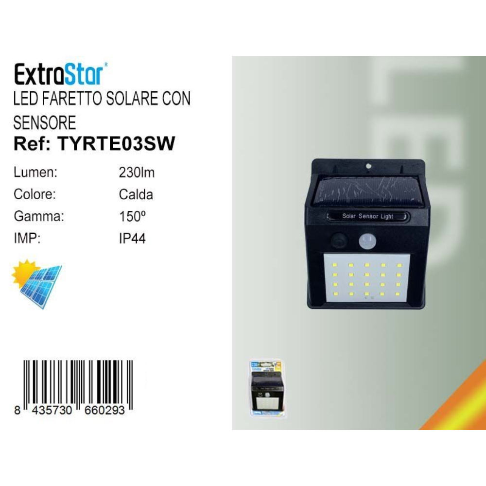 FARETTO SOLARE CON SENSORE 3W 230LM - 3000KExtrastar