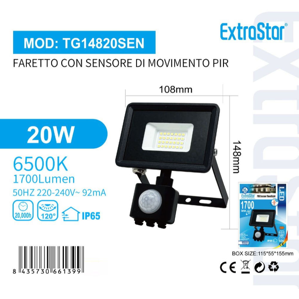 Faretto con Sensore di Movimento 20W 1700lm - Luce Fredda 6500KExtrastar