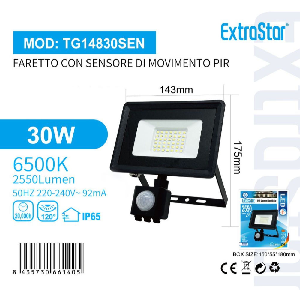 Faretto con Sensore di Movimento 30W 2550lm - Luce Fredda 6500KExtrastar