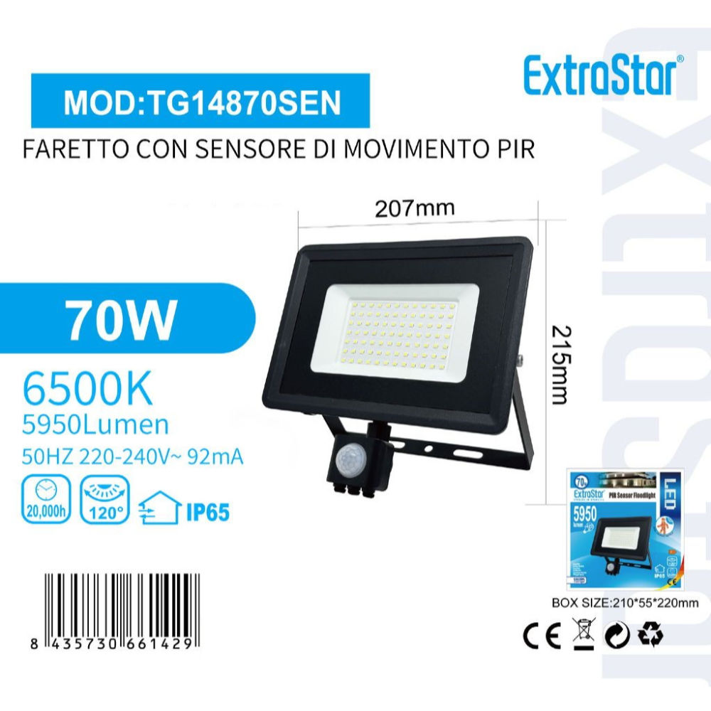 Faretto con Sensore di Movimento 70W 5950lm - Luce Fredda 6500KExtrastar