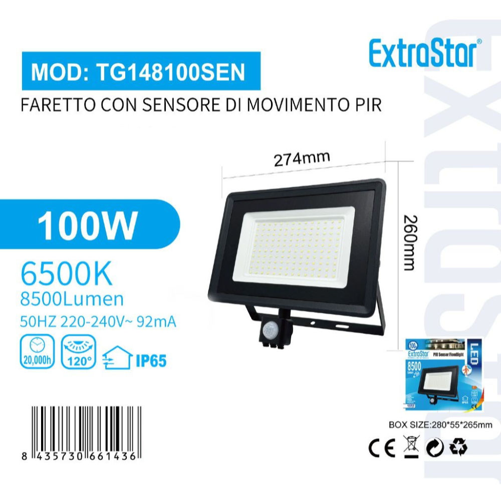 Faretto con Sensore di Movimento 100W 8500lm - Luce Fredda 6500KExtrastar